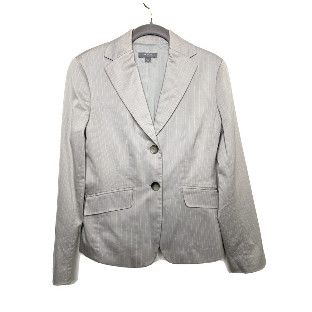 Ann Taylor Jacket Blazer Gray Pin Striped 2 Button Sz 4